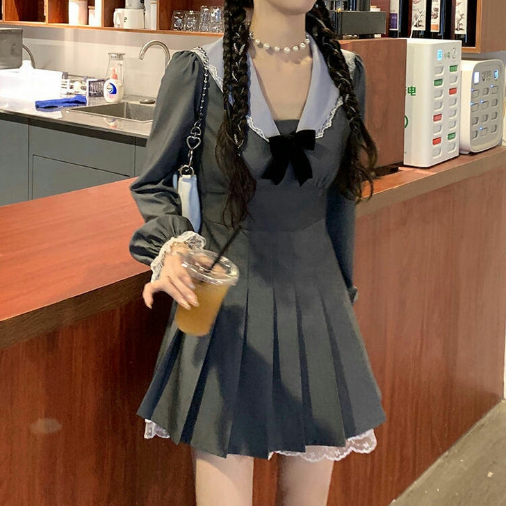 秋季法式蝴蝶结海军领收腰显瘦百褶连衣裙