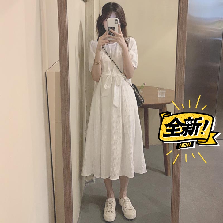 法式温柔风小个子白色连衣裙女夏季长裙可盐可...
