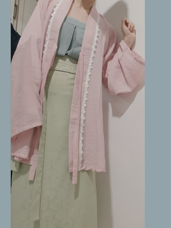 天丝麻粉色长褙子对襟宋衫圈蕾丝直袖春夏宋制...