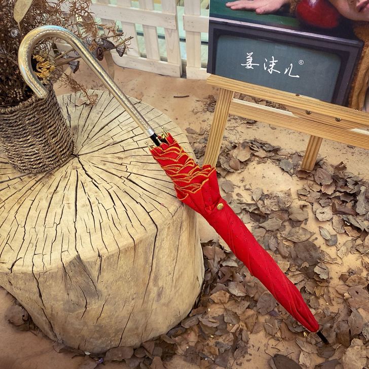 大红色刺绣边喜庆新娘红伞女士皮革优雅气质长伞