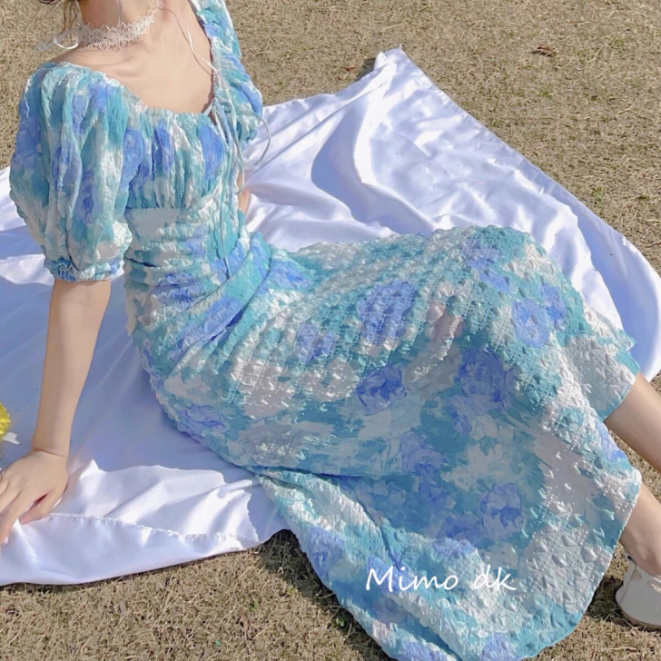 法式复古重工油画印花连衣裙度假沙滩裙长裙方...