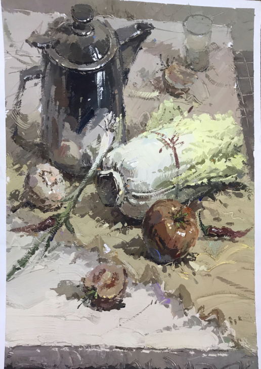 水粉画 ，8开水粉静物画成品，无签名，卡纸...