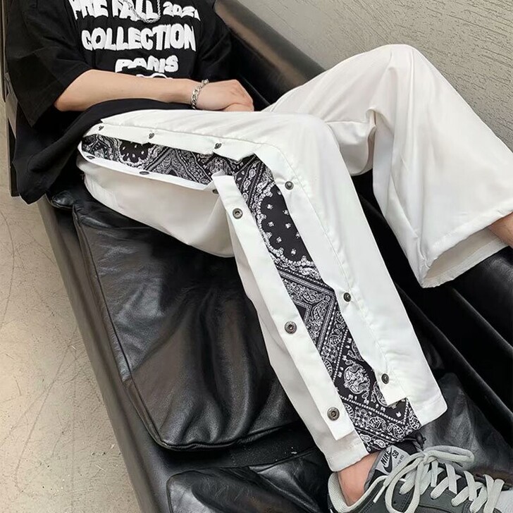 腰果花拼接排扣裤子男韩版潮流直筒休闲裤嘻哈...