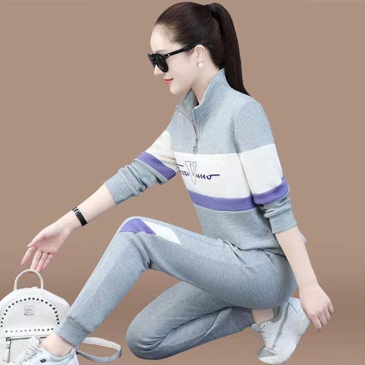 休闲运动套装女2021春秋新款时尚宽松立领...