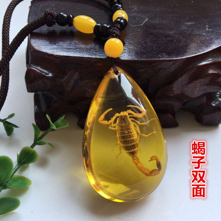 真昆虫标本琥珀水滴吊坠个性毛衣链男女款饰品...