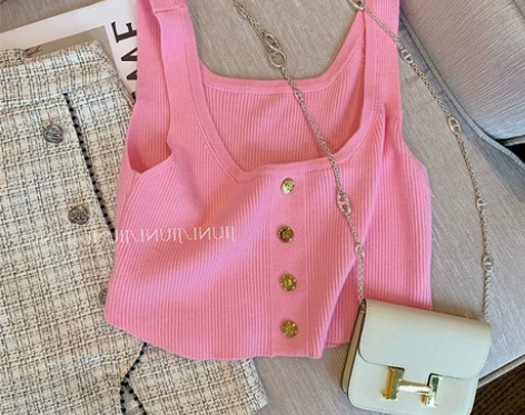 【礼遇价】粉色针织吊带背心外穿女夏季薄款气...