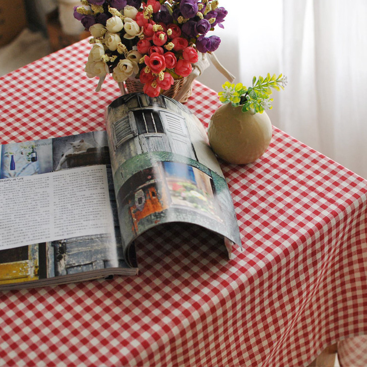 英伦红格子家居酒吧咖啡厅用茶几棉麻长方形餐...