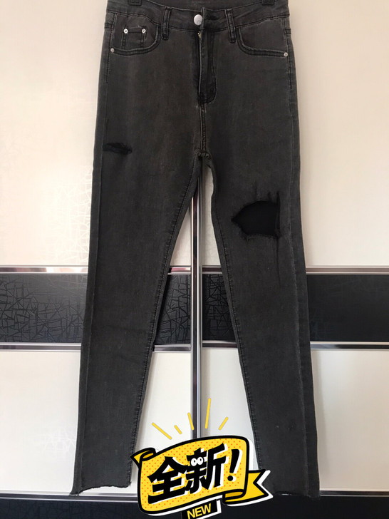 全新烟灰色破洞小脚裤 m码