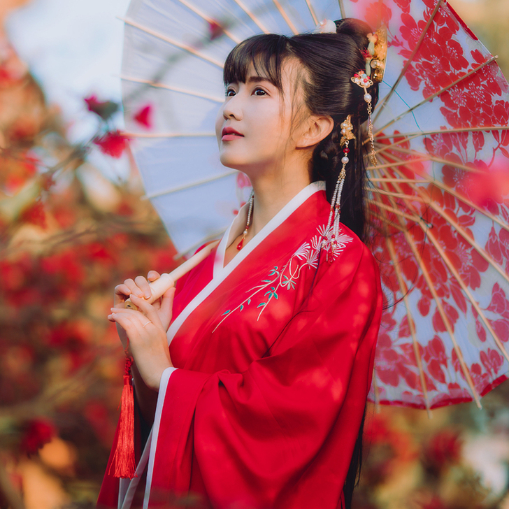 松萝-秋冬传统汉服女双绕曲裾 修身显瘦红色...