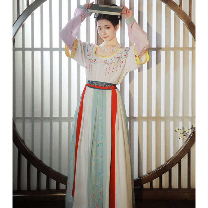 柒邑正品原创汉服女坦领三件套齐腰襦裙中国风...