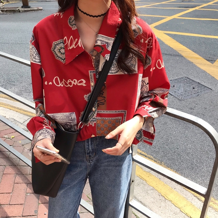 复古港风chic法式少女小众宽松衬衣港味印...