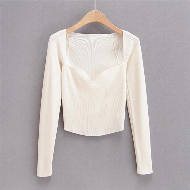 法式小众秋季新款修身显胸长袖露锁骨针织衫套...