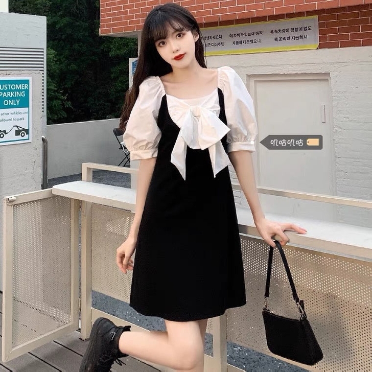 2021夏蝴蝶结连衣裙女夏法式初恋甜美小清...