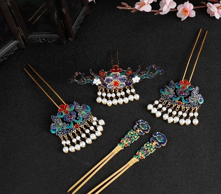 五件套!!白菜价包邮汉服烧蓝流苏套装头饰发...