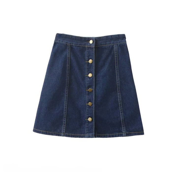 新款女装复古水洗做旧高腰单排扣牛仔半身裙A...