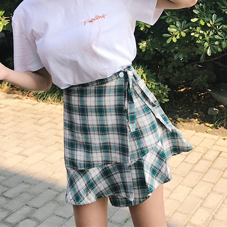 韩版时尚休闲套装夏装格子荷花格子短裙