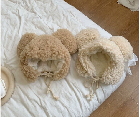 羊羔毛帽子女秋冬季加厚保暖大耳套头连帽可爱...