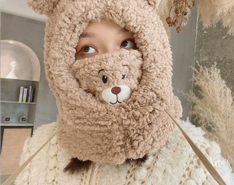 可爱小熊口罩一体帽女冬天骑车保暖防风冬季护...