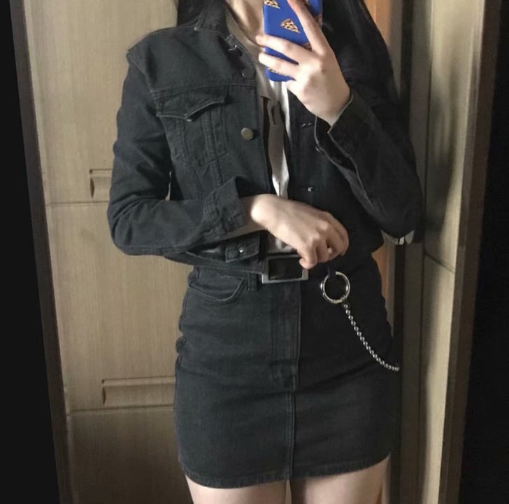 春秋新款韩版时髦黑灰色高腰牛仔半身裙女包臀...