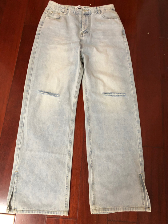 全新阔腿破洞开衩牛仔裤