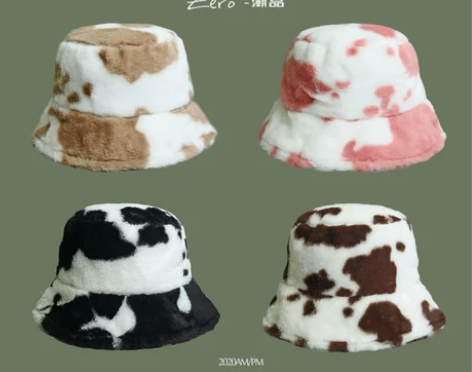 渔夫帽女秋冬天奶牛纹毛绒盆帽日系韩版百搭羊...