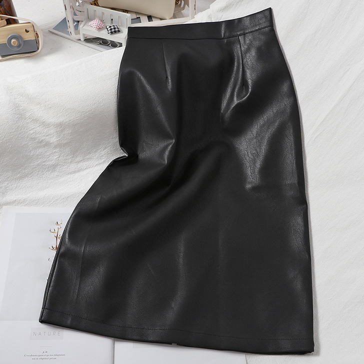 PU皮开叉一步裙气质半身裙女秋装新款显瘦中...