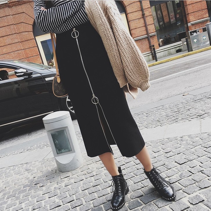 拉链裙针织半身裙女2019秋冬新款高腰显瘦...