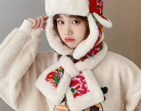 冬季复古雷锋帽女保暖护耳东北大花布棉帽子男...