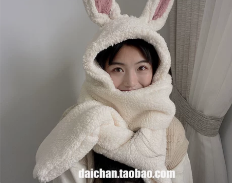 秋冬女甜美兔耳朵羊羔毛围巾帽子一体雷锋帽 ...