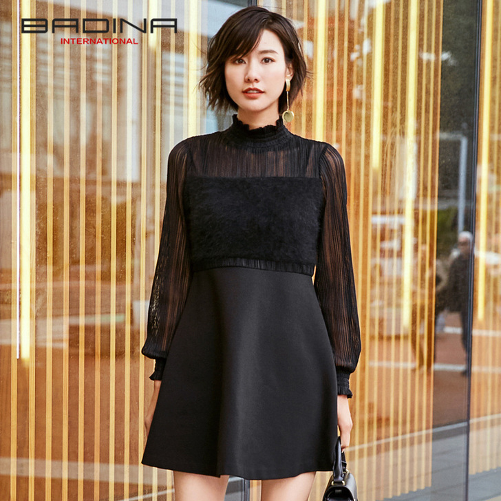 芭蒂娜2017秋冬新品女装黑色优雅性感连衣...
