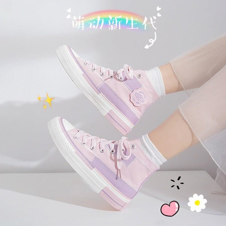 网红高帮帆布鞋女学生春季2021新款透气百...