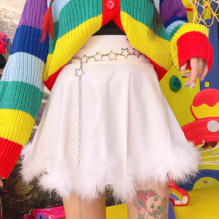 包邮饭粒家日系Y2K千禧辣妹毛毛边蓬蓬裙蹦...