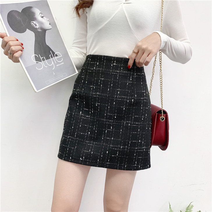 早春新款小香风半身裙黑白格子包臀a裙粗纺毛...
