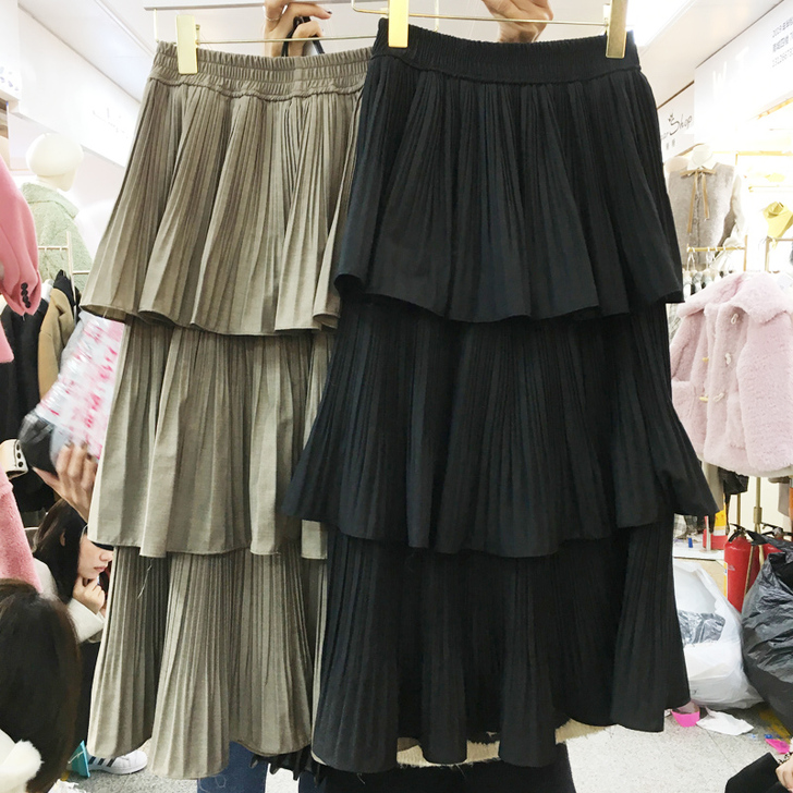 2019春装新款韩版百搭显瘦高腰黑色蛋糕裙...