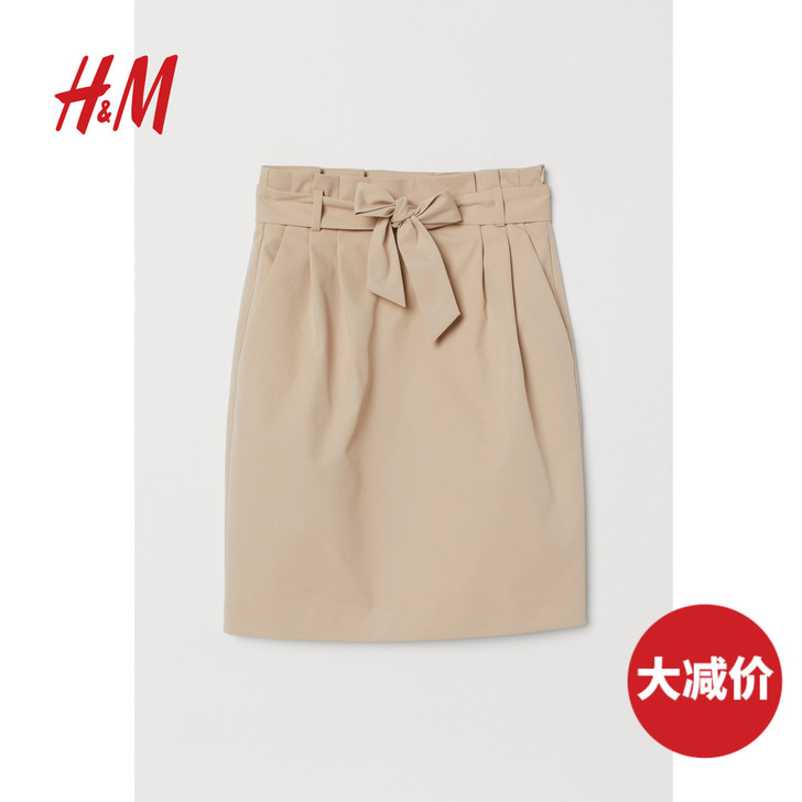 HM 女装裙子秋装时尚一步裙女通勤高腰绑带...