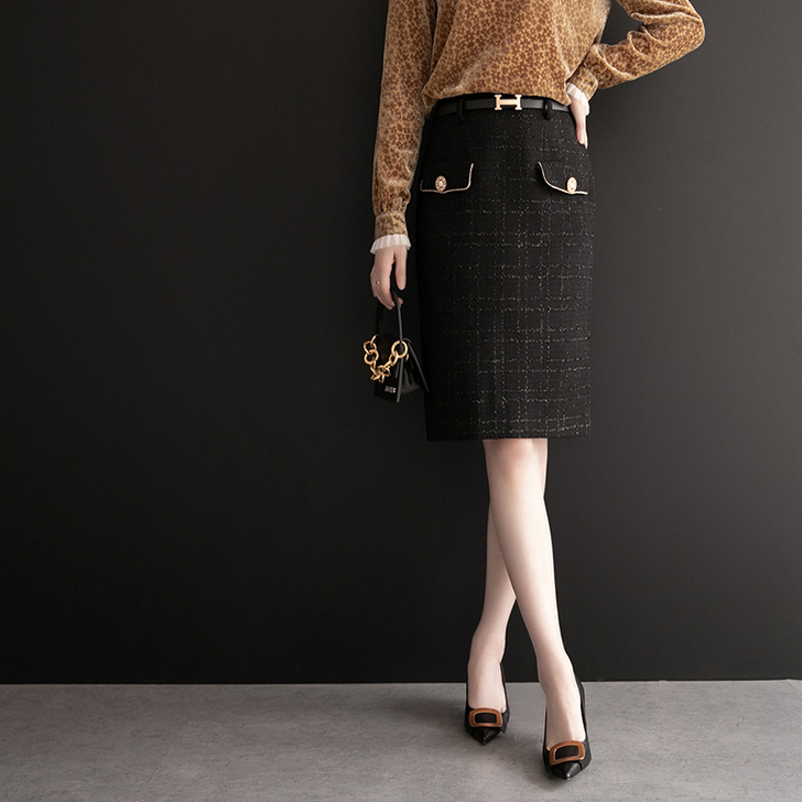 2020秋装新款小香风针织半身裙女高腰中长...