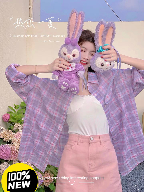 范智乔 紫色格子衬衫女夏季港风复古薄款长袖...