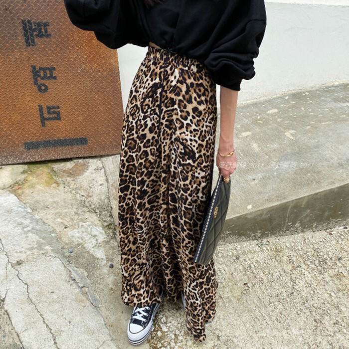 韩国春秋新款高腰豹纹雪纺a字半身裙一步裙女...