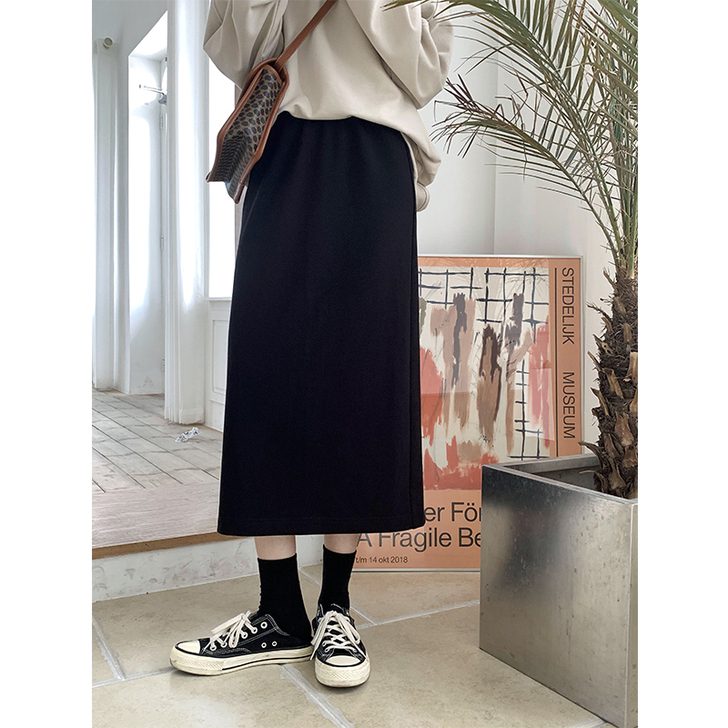 针织半身裙女秋冬新款高腰开叉中长款一步裙百...