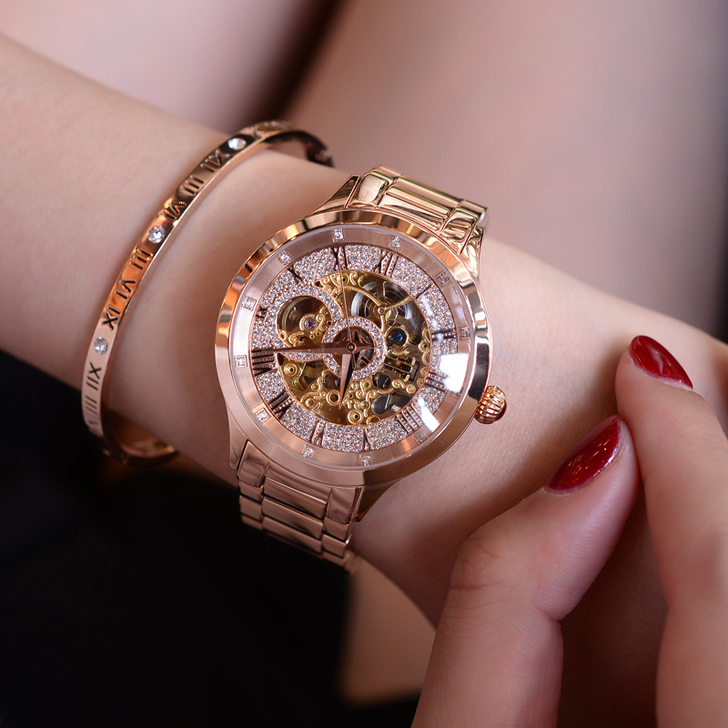 davena正品奢华霸气中性镂空机械表女表...