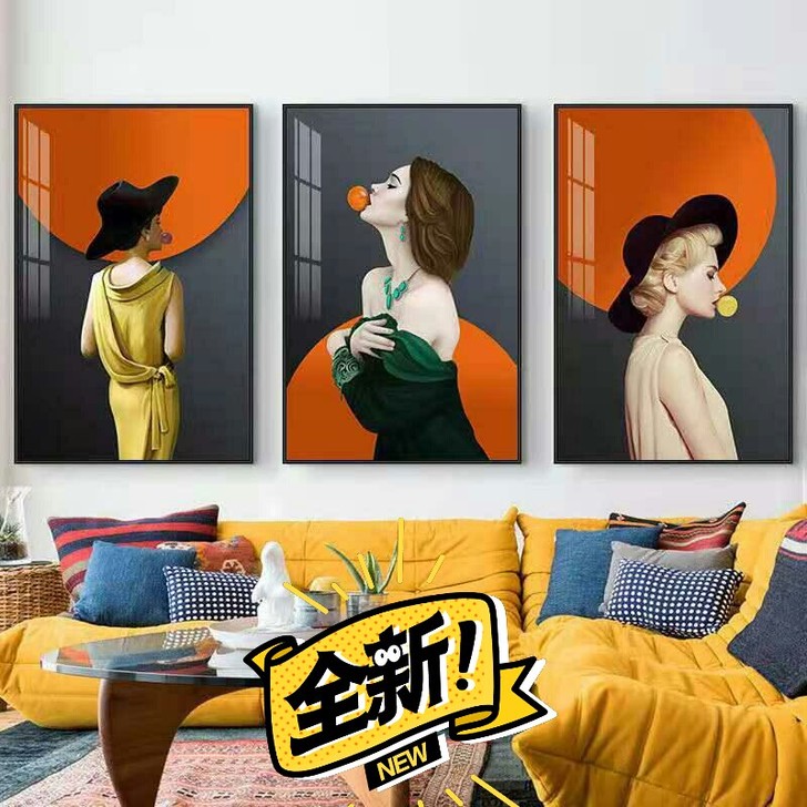 北欧沙发背景墙装饰画抽象挂画美女三联画餐厅...