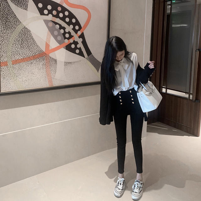 双排扣牛仔裤女高腰2020秋冬新款黑色铅笔...