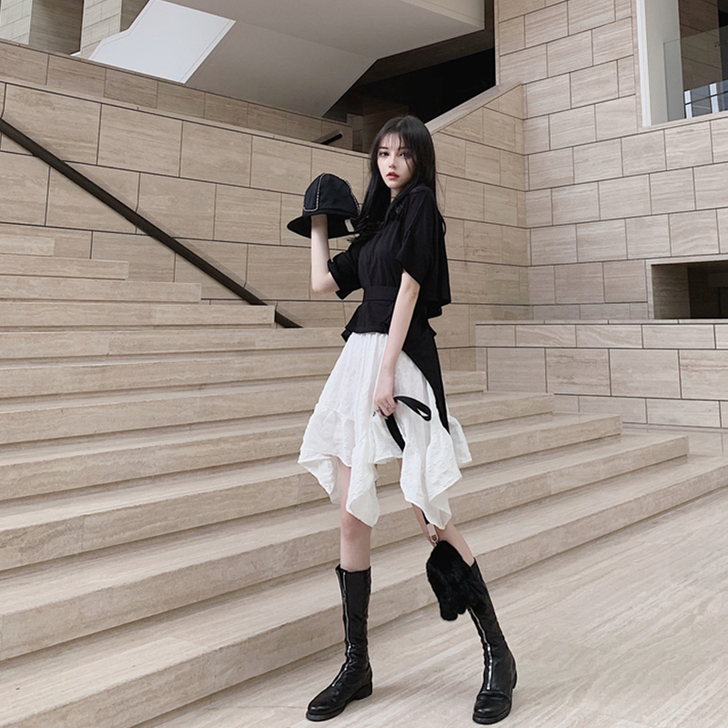 不规则A字半身裙女夏中长款ins超火荷叶边...