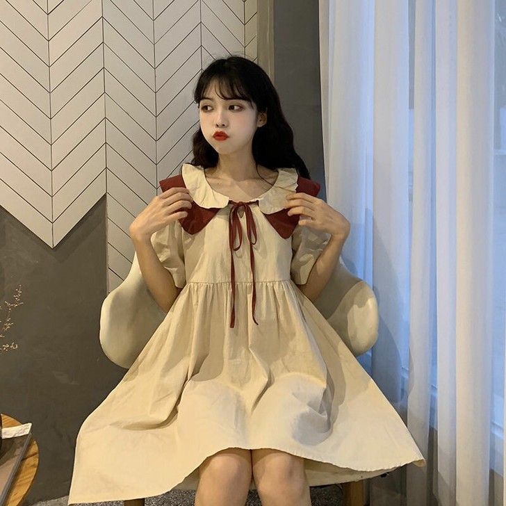 新款小清新系带娃娃领中长裙子学院风连衣裙女...