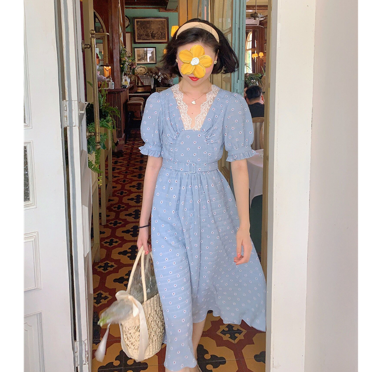 法式复古收腰显瘦初恋裙女夏中长款田园风蓝色...