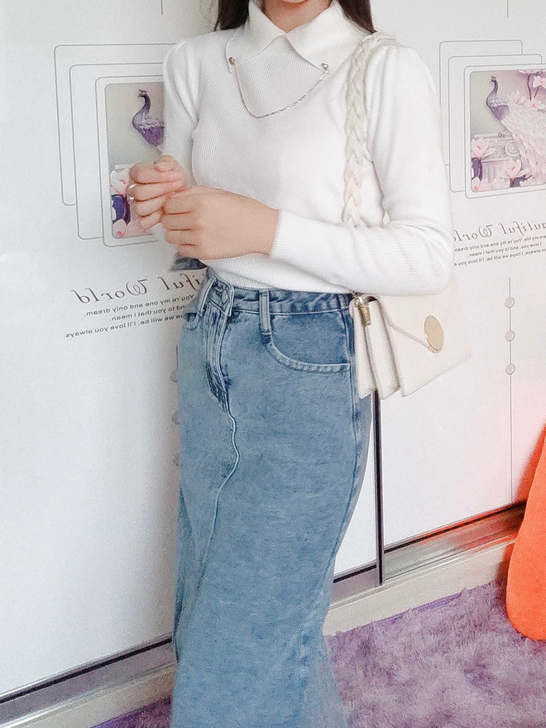 夏季毛边弹力牛仔半身长裙女后开叉高腰包臀直...