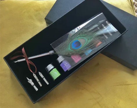 全新！蘸墨羽毛钢笔彩色墨水礼物礼盒五色六笔...