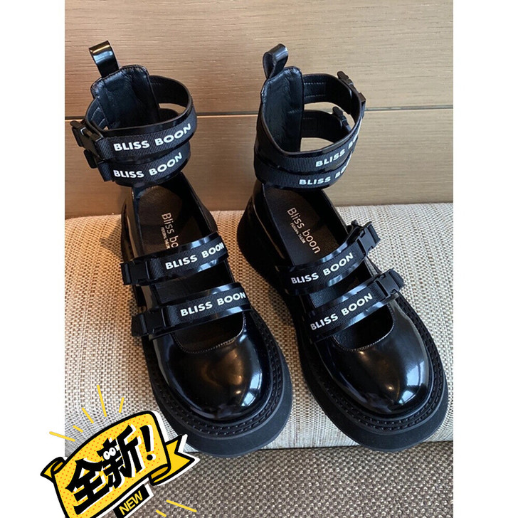 强烈推荐 ~~英伦罗马绑带扣带学院厚底平底...