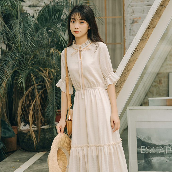 2019新款夏小清新法式复古裙过膝很仙仙女...