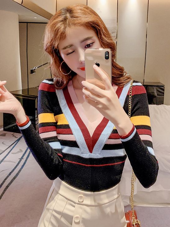 宁莎2020春季新款洋气V领条纹撞色打底衫...